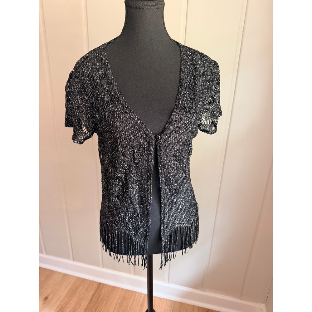 90s AGB Dress Byer California Metallic Silver Black Fringe Knit Cardigan Size 8
